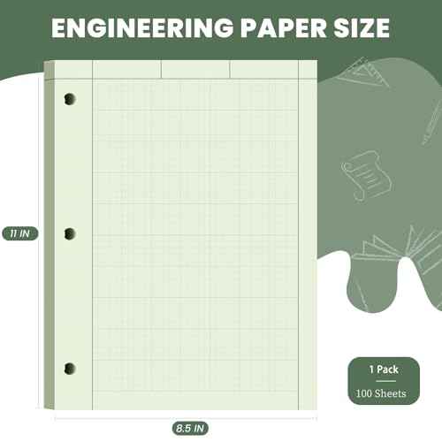 Engineering Paper 8.5 x 11, 100 Sheets Top Glue Binding Engineering Notebook, 5x5 Quad Ruled Graph Paper, 3-Hole Punched Engineering Computation Pad 8.5 x 11, Green Tint Engineering Paper Notebook