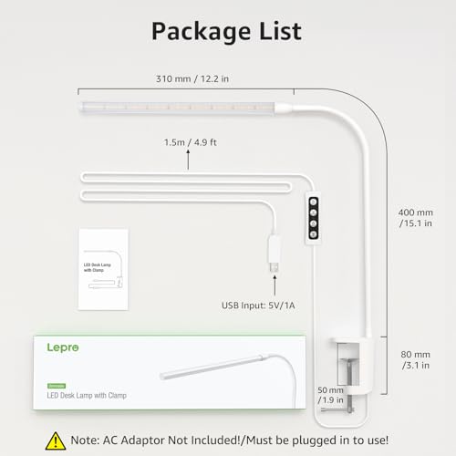 Lepro White Clamp Desk Lamp with LED, 460LM, 5W, Adjustable Reading Light