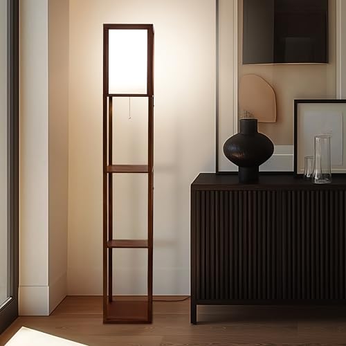 Brightech Maxwell - Modern Shelf Floor Lamp with Lamp Shade and LED Bulb - Corner Display Floor Lamps with Shelves for Living Room, Bedroom and Office - Havana Brown