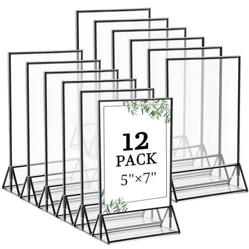 Floroom 12 Pack 5x7 Inch Clear Acrylic Sign Holders, Double-Sided Black Display Stand Picture Frames for Table Numbers, Menus, Flyers, Weddings, and Offices