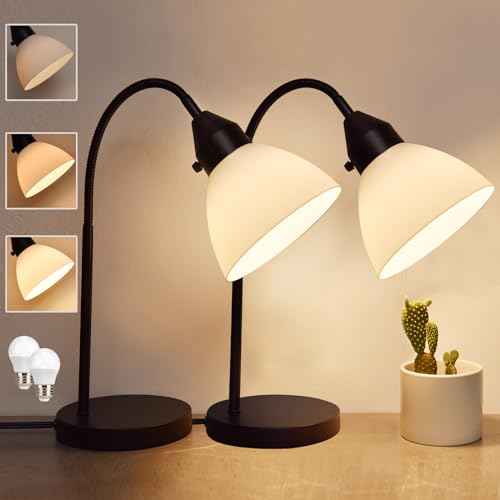 2 Pack LED Desk Lamp for Home Office, 3 Levels Dimmable Reading Light, Flexible Gooseneck Table Lamp for Bedside Office, Rotary Switch Control, Desk Lamp for College Dorm Study, Bulb Included, Black
