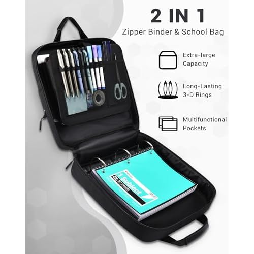 3 Inch Zipper Binder 3 Ring with Sturdy Shoulder Strap & Multi-Pocket, Binder with Zipper Holds Up to 700 Sheets for Office School, Compatible with 13¡± MacBook Laptop ipad(Black)