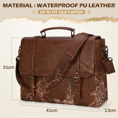 IGOLUMON Messenger Bag for Men 15.6 inch Vintage Leather Waterproof Laptop Briefcase Large Computer Laptop Bag Leather Satchel Bag Retro Shoulder Bag for Office Business Travel College, Brown