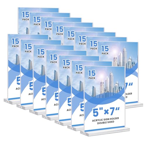 Acrylic Sign Holder, 5x7, 15 Pack Vertical Clear Table Menu Display, Double Sided, Plastic Stand, Suitable for Restaurants, Office, Store, Fair