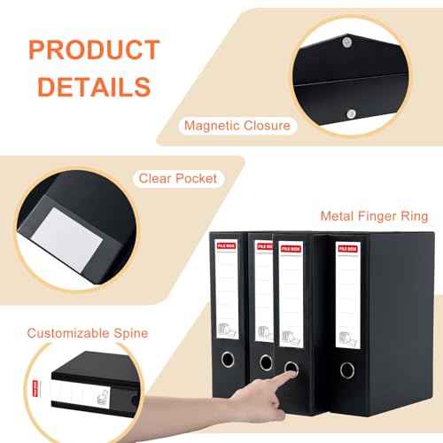 Storage File Boxes 4 Pack, Foldable Archives Cases with Clip, 88mm Spine, File Boxes with Magnetic Closure, Plastic Document File Organizer Storage, Black