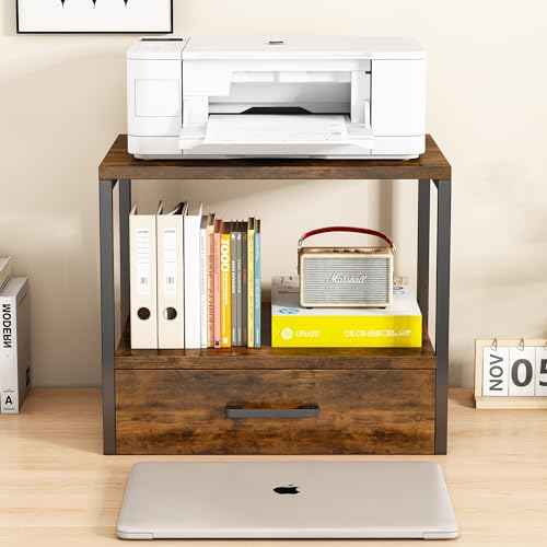 Homeiju 3-Tier Vintage Brown Printer Stand with Storage, Drawer, Multi-Purpose Desk Shelf, Heavy Duty Desktop Shelf/Printer Table for Home Office