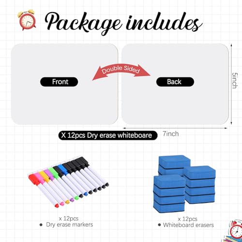 12 Sets Small Whiteboard Dry Erase Boards 5" x7'' Mini Double Sided Dry Erase Lap Boards with Markers Erasers Pen Holders Personal Whiteboards for Students Classroom Teacher