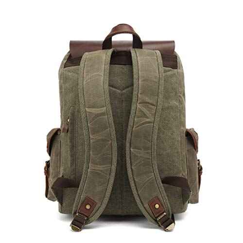 Genuine Leather Canvas waxed Backpack Travel Rucksack Laptop Bag Army Green