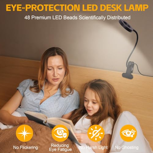 Foneso 1 Pack Clip-On Desk Lamp for Reading, Office & Bedside Lighting - Black