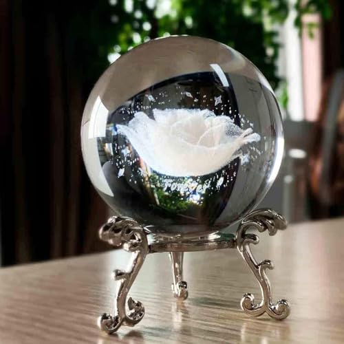 HDCRYSTALGIFTS 60mm Rose 3D Inner Engraved Crystal Ball Paperweight Gift for Women
