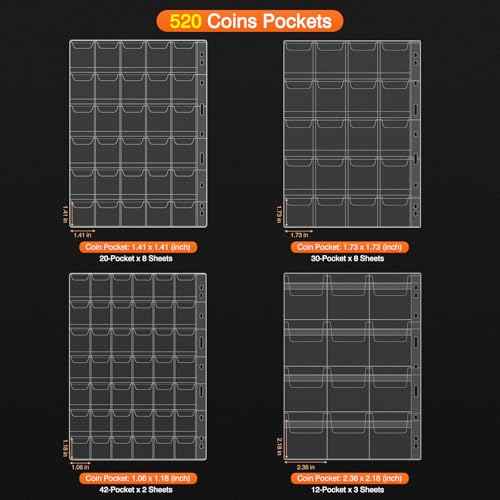 Coin Collection Book with 520 Pockets Coin Holders, Coin Albums for Collectors Coin Sleeves-Paper Money Binder Organizer Coins Storage Case with Lock,Collecting Coin Collection Supplies for Bill,Stamp