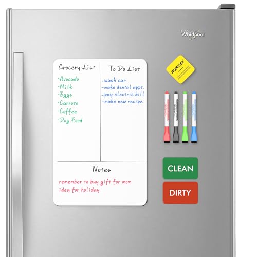 HOMiDEK 12x8 Inch Magnetic Dry Erase Whiteboard for Refrigerator & Kitchen with 4 Markers & Eraser - Flexible Magnet Note Sheet & Dishwasher Sign