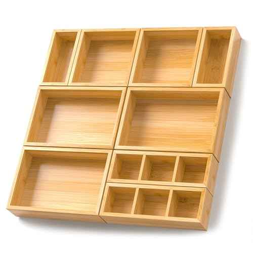 Bamboo Drawer Organizer, Set of 9 Wood Kitchen Junk Tea Desk Office Tray, Wooden Storage Boxes Organizers for Bathroom, Office (2" H 9 Boxes)