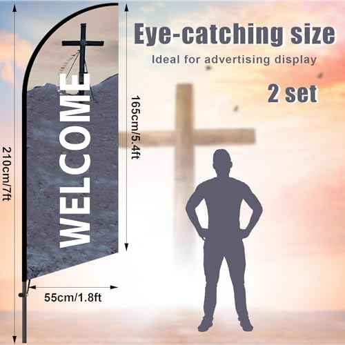Buryeah 2 Sets Church Sign Feather Flag 7 ft Church Swooper Flag with Fiberglass Poles and Point Stake Welcome Banners for Outdoor Business and Events Promotion