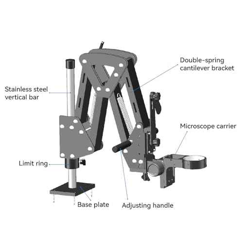 Microscope Boom Stand for MS04A Stereo Microscope, Adjustable Spring Arm Bracket, Compatible with 76mm Holders and LED Ring Lights, Heavy-Duty Table Clamp Base, MH04A-H