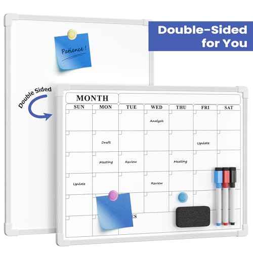 Monthly Whiteboard Calendar for Wall, Small 16" x 12" Dry Erase Board with Plastic Frame, Hanging Dry Erase Calendar with 3 Mini Sticky Notes for Kitchen Planner, Memo, Home and Office