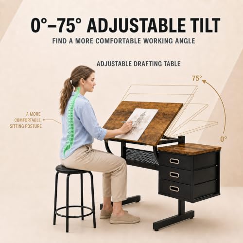 Adjustable Drawing Table with 3 Fabric Drawers & Stool - Black