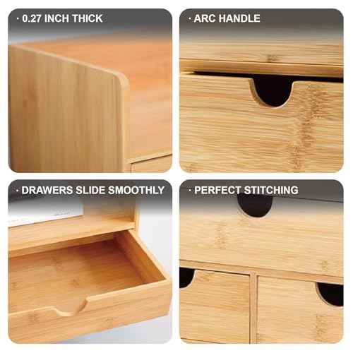 3 Drawer Bamboo Desk Organizer with Shelf ? Makeup Storage & Tabletop Organizer for Home Office, Workspace, or Bathroom ? No Assembly Required