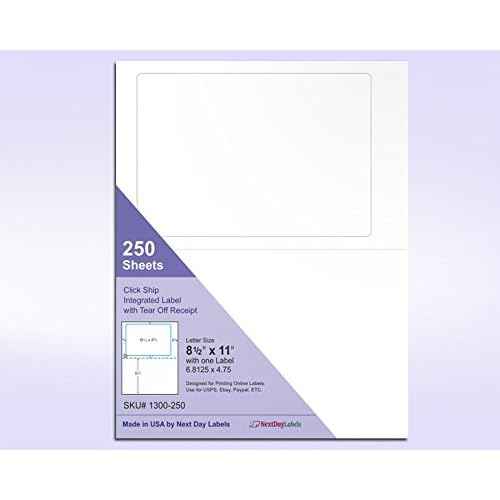 NextDayLabels - 250 Sheets Click Ship Integrated Labels with Tear Off Receipt, Designed for Printing Online Labels. 8-1/2" x 11" Sheet with one Label 6.8125" x 4.75", Use for USPS, Ebay, Paypal, ETC.