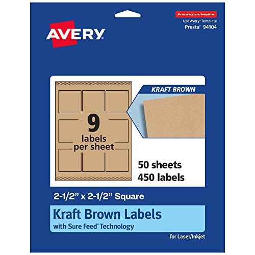 Avery Kraft Brown Square Labels, Sure Feed Technology, 2.5" x 2.5", 450 Kraft Brown Labels, Laser/Inkjet Printable