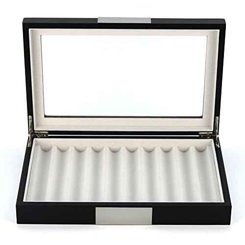 TIMELYBUYS 10 Piece Black Ebony Wood Pen Display Case Storage and Fountain Pen Collector Large Organizer Box with Glass Window Display Case