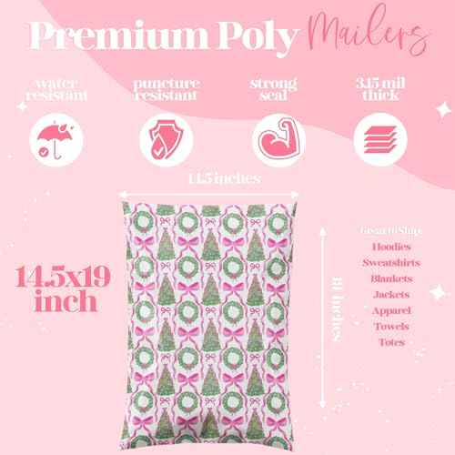 14.5x19 Designer Poly Mailer 100 Pack Heavy Duty Waterproof Self Seal Shipping Bags for Small Business Large Mailing Envelopes Bulk Tear Resistant Packaging Coquette Christmas Holiday Bows
