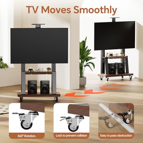 Mobile TV Stand Rolling TV Cart with Wheels for 32-75 Inch Flat/Curved Led/LCD/OLED Portable Floor TV Stand with Shelf, Height Adjustable Heavy-Duty Holds up to 180lbs,Max VESA 600 * 400mm (Black)