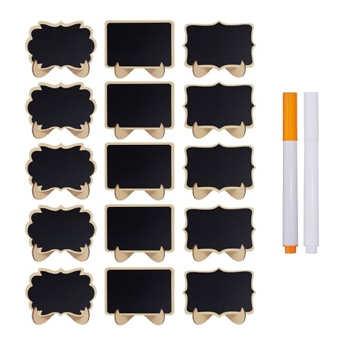 15 Pcs Mini Wooden Chalkboards Signs for Wedding and Food, Messages Signs, 3 Shapes Kinds of Board with 2 Chalk Markers