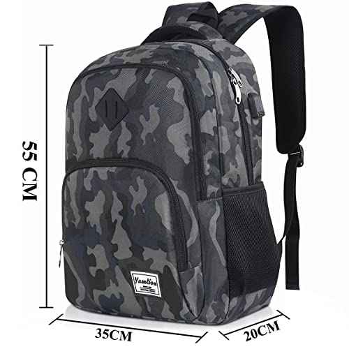 YAMTION 17 Inch School Backpack for Teen Boys,Bookbag for High School College Backpack with USB,Camouflage Black