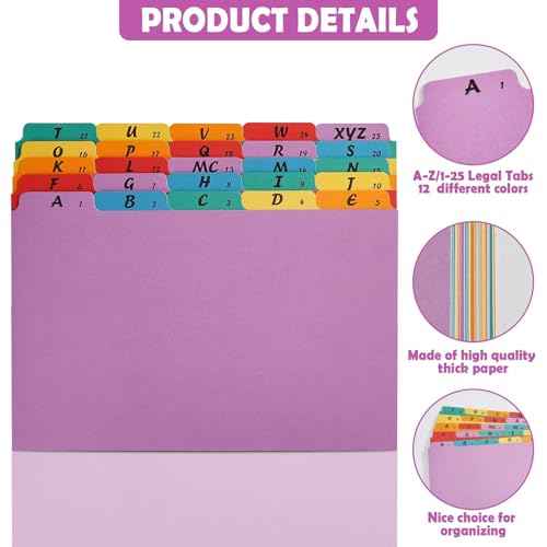 2 Set A-Z Alphabetic and Number Top Label Files, Legal Size, 50 Sheets File Dividers 1/5 Cut Label File Cabinet Dividers Desk Organizer for Office, Home and School (Rainbow)