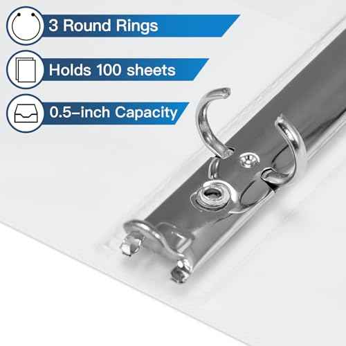 Basic 3 Ring Binder -1 or 1/2'' Binders with Roung Ring Binder, Large 100/200 Sheet Capacity, Fit 8.5" x 11" US Letter Size Paper, 12 Pack White (0.5'' White - 12 Packs)