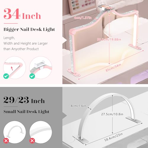 Yokilly Arc Half Moon Light: 34" Shadow-Free Half Moon Light for Desk Salon - Foldable LED Desk Lamp with Stepless Brightness for Manicurist (Pink)