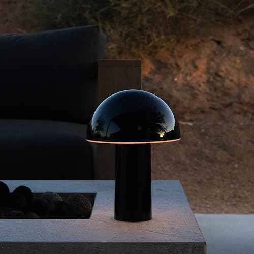 Brightech Celia Mood Lamp ? 10" Touch-Controlled Mushroom Table Lamp, Cordless & Dimmable LED, Portable Rechargeable Bedside Night Light, Sustainable Recycled Modern Patio Lamp for Home D?cor ? Black