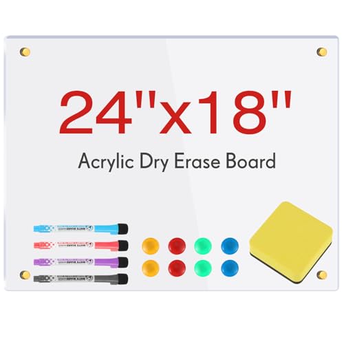 Patelai 18''x24''Clear Acrylic Dry Erase Board for Wall Mount Non Magnetic Floating Whiteboard Includes Transparent Writing Panel 4 Markers 1 Eraser 8 Magnets 4 Wall Studs for Home Office School