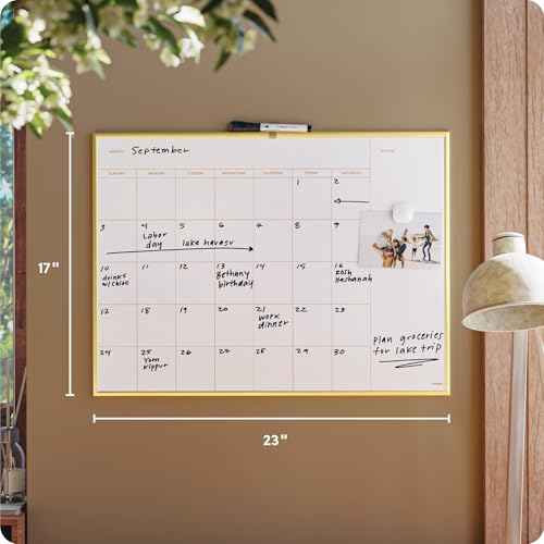 U Brands Magnetic Dry Erase Calendar White Board for Wall, 24" x 18", Dry Erase Board White Board Calendar with Gold Aluminum Frame, Includes a Magnet and a Marker