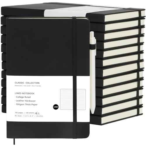 Coopay 12 Pack A5 Journal Notebook with 12 White Pens Bulk Classic Ruled Hardcover Leather Journal Set with Pen Holder for Men Women Writing Office Home School Business, 100GSM, 8.3¡± x 5.5¡± (Black)