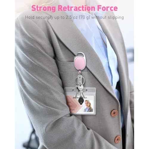 Uniclife 2 Pack Retractable Badge Reel for Badge Holder Pink Heavy Duty Retractable Keychain Strong ABS Casing with Stainless Steel Spring Coil 24 Inch Nylon Rope Carabiner Clip and Key Ring