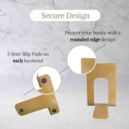 Alessk 8 Pieces Gold Bookends for Shelves, Heavy Duty Metal Bookends Supports Heavy Books, Decorative Gold Stops for Home or Office Decoration - 4 Pairs.