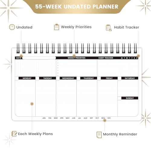 Weekly Planner - Undated Planner for Whole Year, Weekly To Do List, Planner Daily Weekly and Monthly, Goals Scheduled Planner with Habit Tracker, 55 Weeks, 6.3''x11.2''