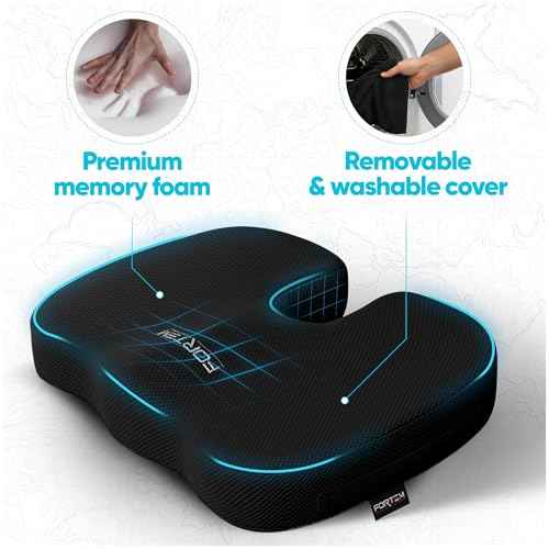 FORTEM Seat Cushion, Office Chair Cushion, Desk Chair Memory Foam, Sciatica Coccyx Tailbone Pain Relief, Pressure Relief, Sitting Pad, Gaming Sitting Pillow, Washable Cover, Non Slip
