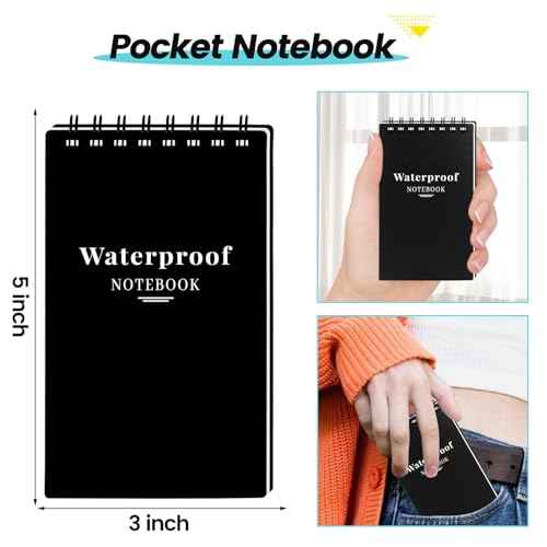 6 Pack Waterproof Notebook, 3x5 Pocket Notepad, Small Top Spiral Stone-Paper Notepad, Mini Pocket Notebook, Little Memo Note Pads for Outdoor, Office, School, Travel (Black)