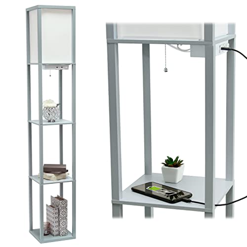 Simple Designs LF1037-GRY Organizer Storage Shelf with 2 Ports, 1 Charging Outlet and Linen Shade USB Etagere Floor Lamp, Gray