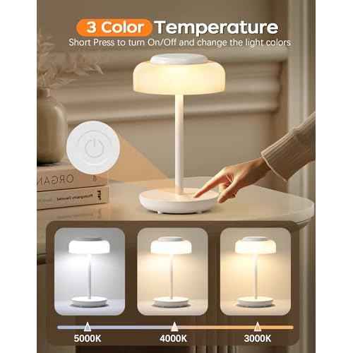 QiMH Battery Operated LED Table Lamp, 5000mAh Rechargeable Cordless Lamp, Stepless Dimmable Touch Control, Small Waterproof Desk Night Light for Living Room, Bedroom, Outdoor Bar (White)
