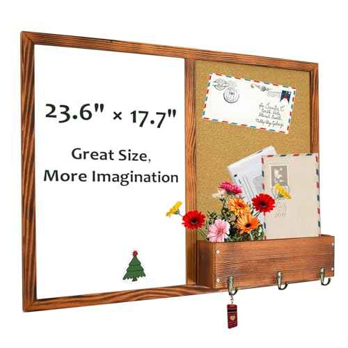 Dry Erase White Board and Cork Board, Magnetic Whiteboard & Bulletin Board Combo, 17.7"¡¿23.6"£¬Wall-Mounted Mail Sorter & Key Hooks, Solid Pine Wood Walnut Brown Frame(Mail BB-BN-4560)