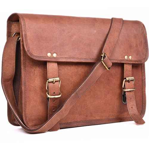 Small Brown Genuine Leather Messenger Bag Crossbody Satchel, Perfect for iPad & Small Laptop, Vintage Distressed Shoulder Bag (14 INCH)