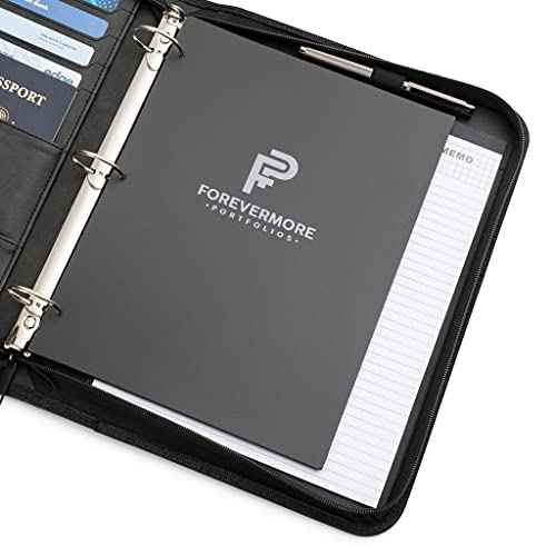 Forevermore Portfolios Portfolio Organizer - 3 Ring Binder with Notepad - 1.5 Inch Rings - Zippered Storage Pockets for Papers, Travel Documents, Presentation Folder, Cards, Passport, Tickets - Black