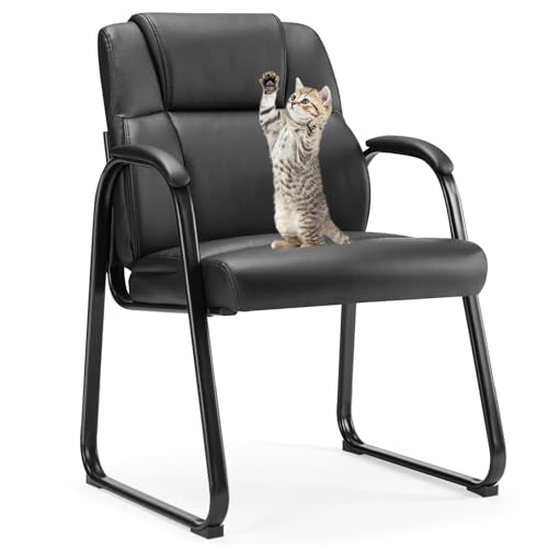 Sweetcrispy Waiting Room Guest Chair, Leather Stationary Office Reception Chairs No Wheel, Comfy Padded Arms and Seld Base, for Conference Room Lobby Home Computer Desk Bedroom Elderly, Black