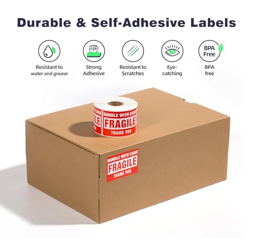 LuckyGuard 3 x 2 Inch Handle with Care Fragile Stickers (500 Labels, Roll) for Shipping & Moving