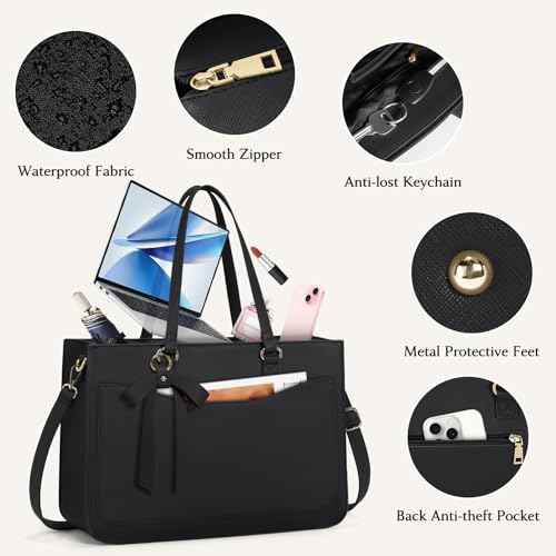 RAINSMORE Laptop Bag for Women 15.6 Inch Work Tote Bags Leather Laptop Tote Waterproof Computer Bag Professional Office Business Briefcase Large Handbag for College Teacher Travel, Black
