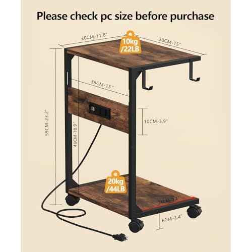 2 Tier Computer Tower Stand with Charging Station, 11.8" D x 16.5" W Rolling Floor PC Tower Stand Fits Under Desk, CPU Holder Cart for Carpet with Hooks, C Shaped End Table for Home Office